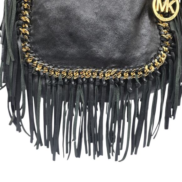 Michael Kors Hobo Bag Purse Black Leather Fringe Gold Chain Braided Slouchy Boho - Picture 4 of 16